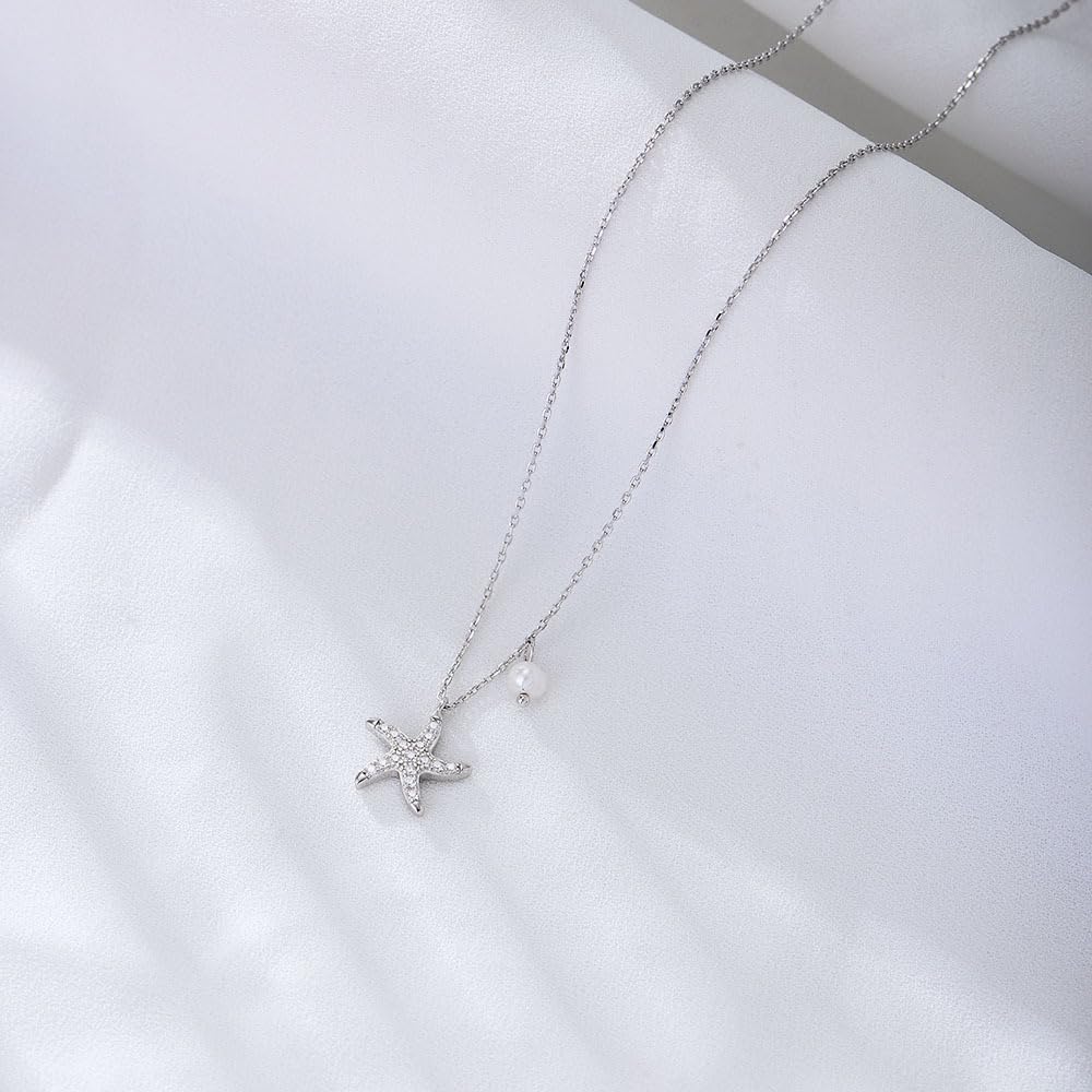 S925 Sterling Silver Starfish Necklace with Fresh Water Pearl, Sparkling Pave Zirconia Sea Star Pendant, Dainty 14K Gold Plated Asymmetric Choker, Ocean Beach Inspired Jewelry Gift for Women (Gold)