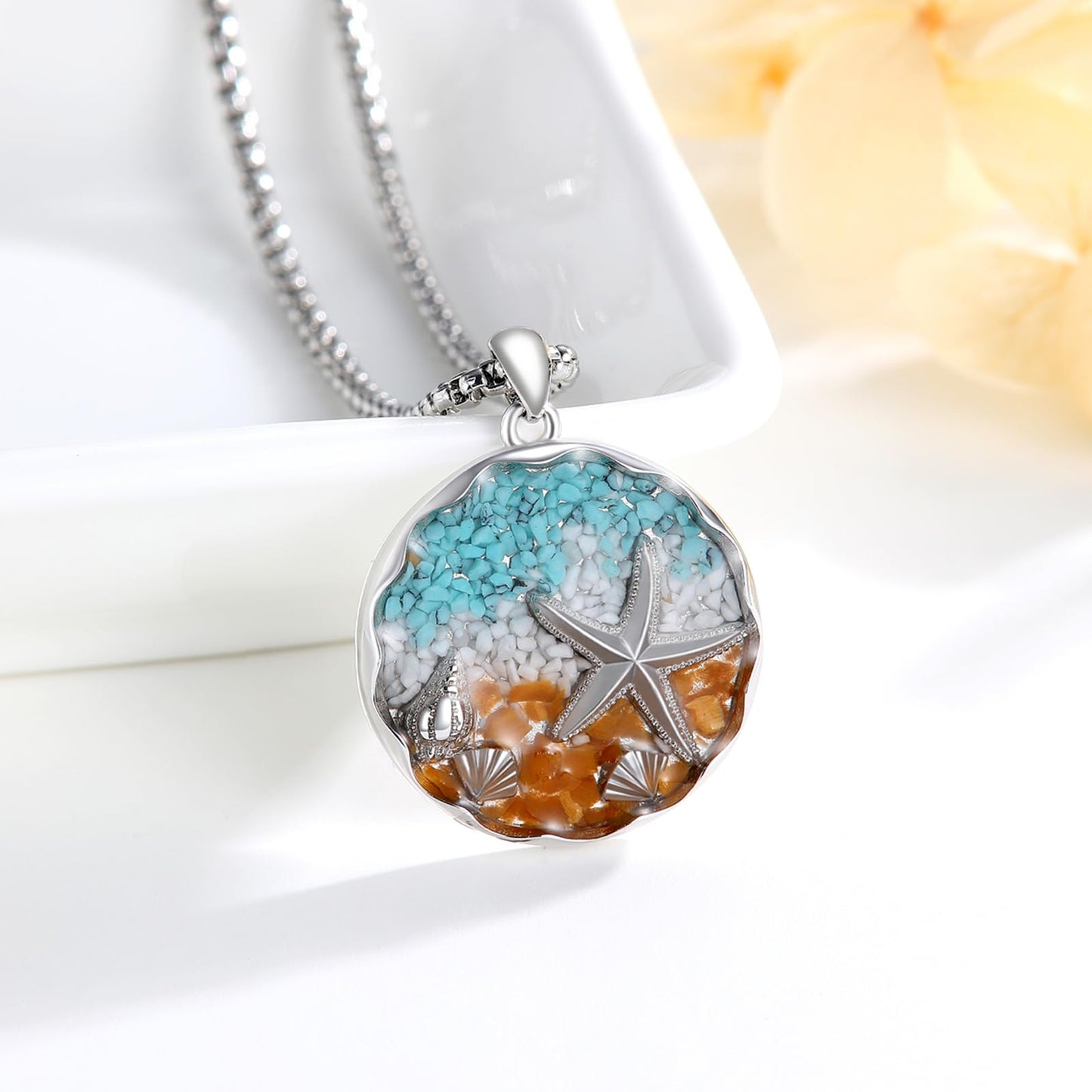 Cuoka Starfish Necklace For Women Crushed Turquoise Tiger's Eye White Turquoise Gradual Gradient Gradient Boho Charms Seashell Sea Shell Ocean Summer Beach Beaded Necklace Shell Starfish Charms Fashion Jewelry Gifts Beach Vacation Essentials Adjustable Ch