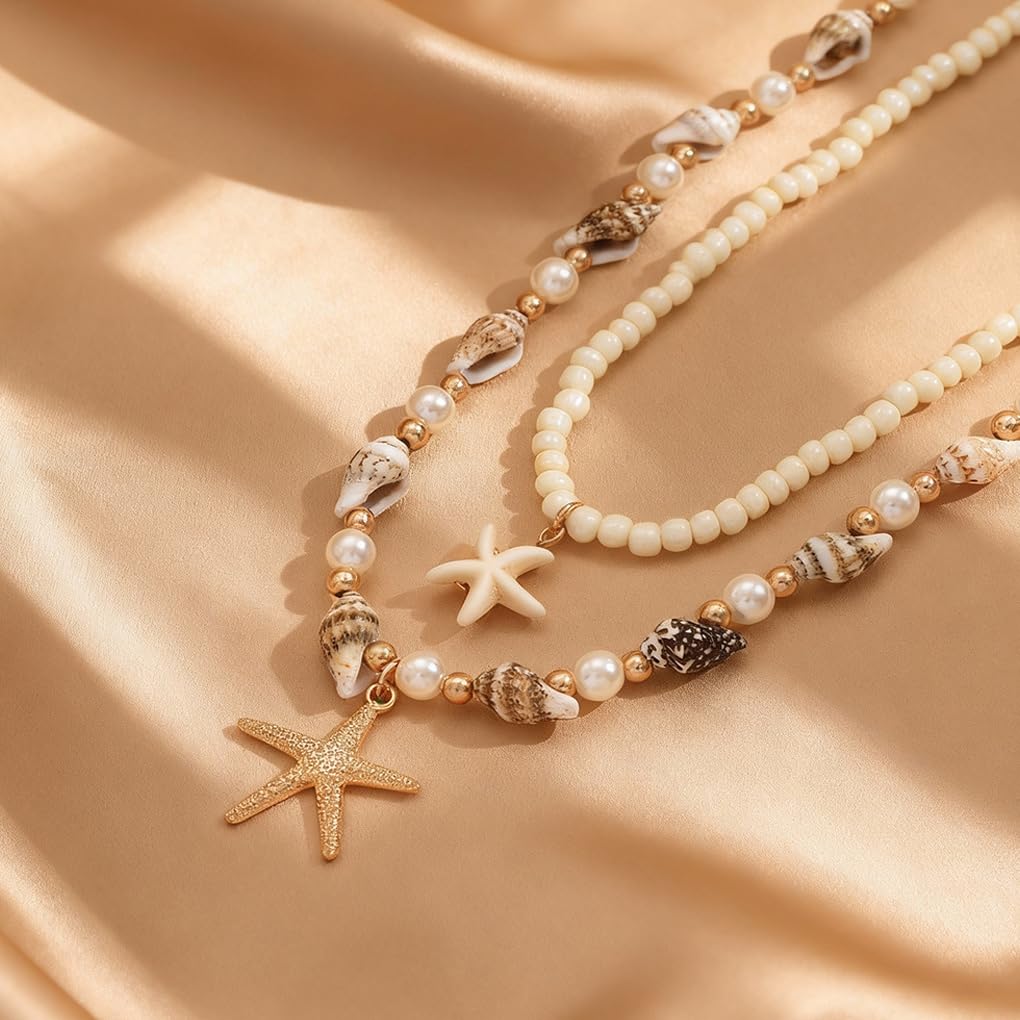 Starfish Conch Layered Necklaces for Women Charm Pearl Beaded Choker Necklace Boho Starfish Fish Pendant Necklaces Trendy Beach Jewlery Accessories (White1)