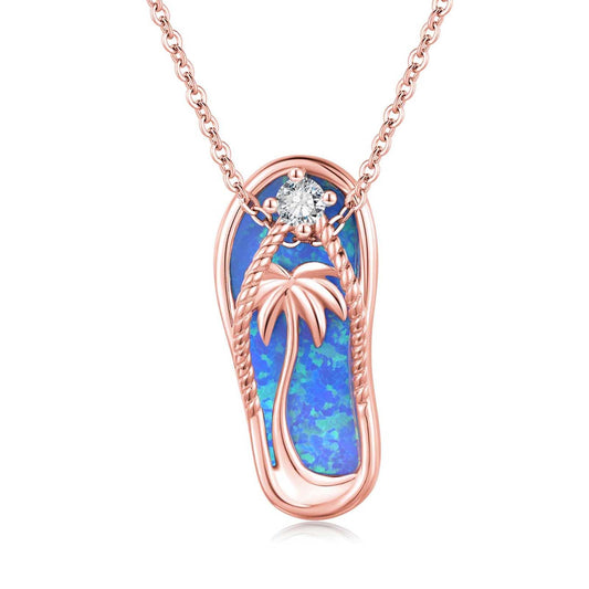 Midir&Etain Flip Flop Necklace 925 Sterling Silver Rose Gold Plated Palm Tree Pendant Beach Blue Opal Necklace Flip-Flop Opal Jewelry for Women Prime