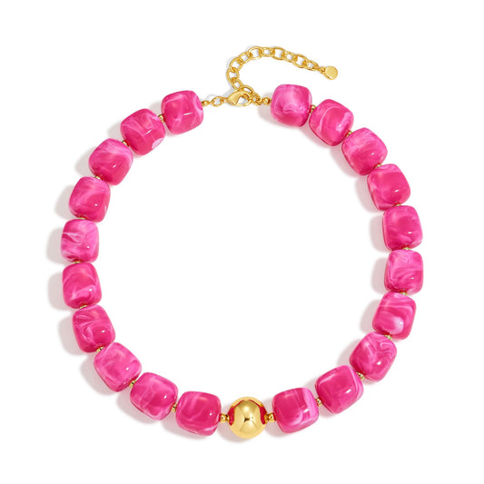 WOWORAMA Red Beaded Choker Necklaces for Women Rose Red Large Square Resin Beads Necklace Trendy Beaded Statement Chunky Necklace Party Jewelry