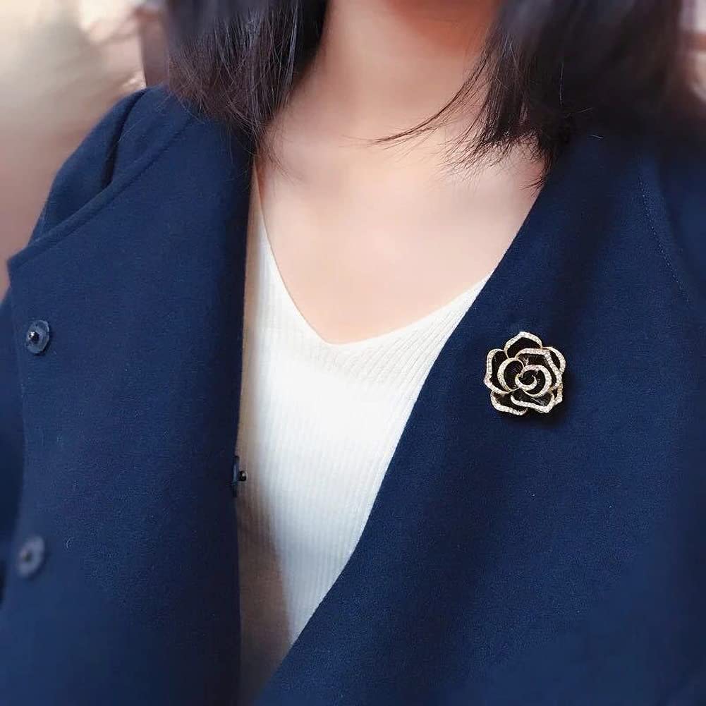 Elegant Crystal Blooming Rose Flower Brooch Lapel Pin Breastpin for Women Birdal Cardigan Hat Scarf Suit Sweater Floral Pins (32mm Black Rose)