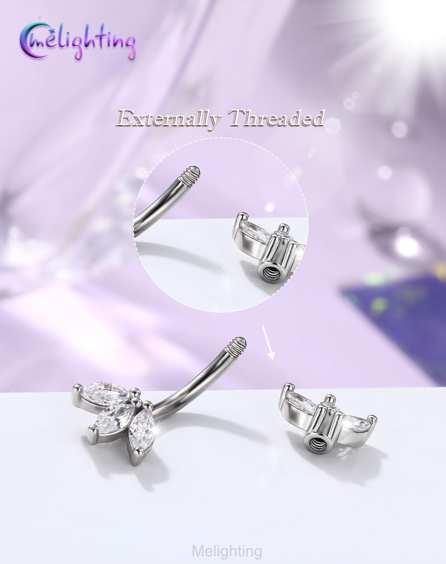 Melighting 14G Lotus Belly Button Ring, Double CZ Navel Ring 316L Surgical Stainless Steel Marquise 5A CZ Steel Belly Bar 8 mm