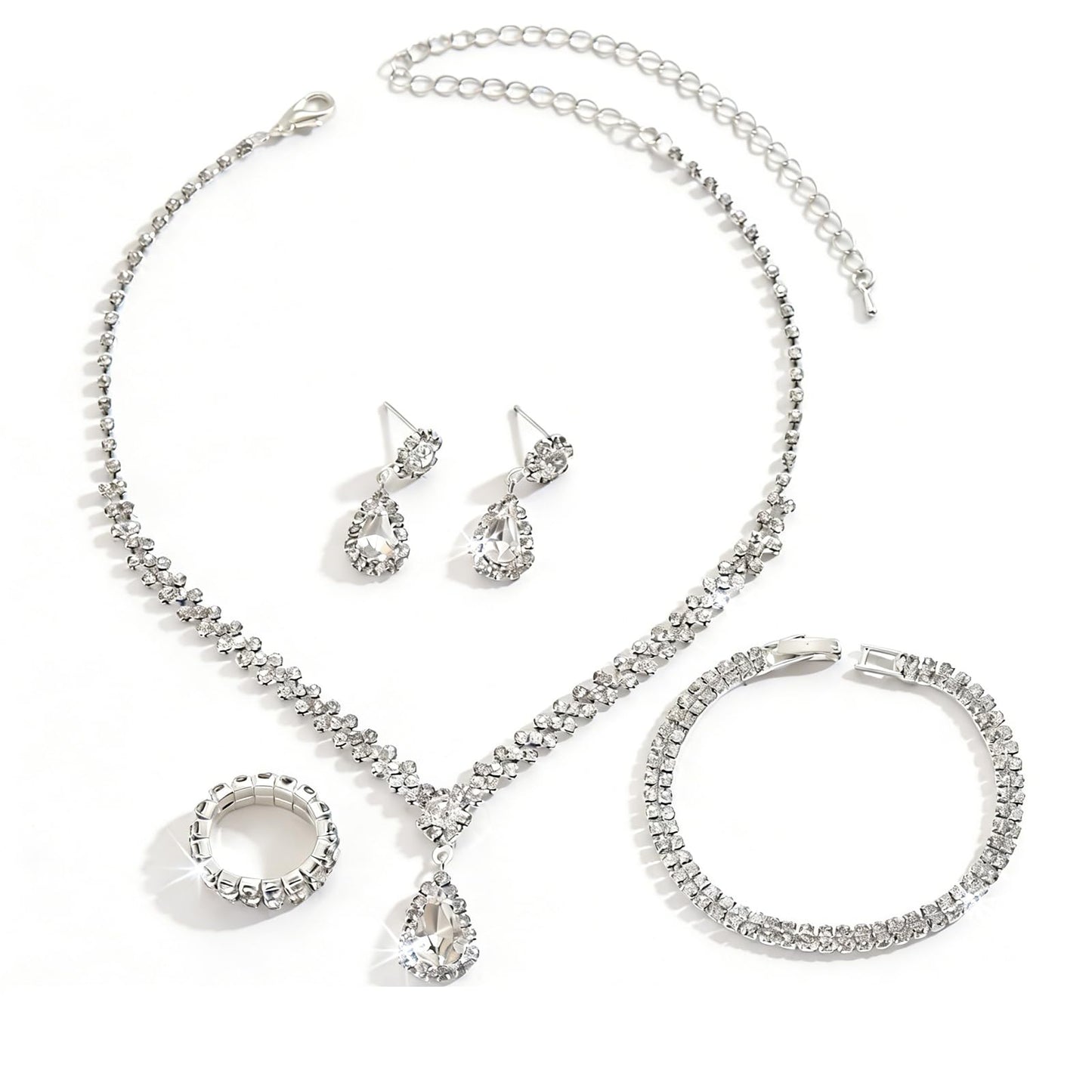 IS4U Rhinestone Water Drop Set for Women Bridal Wedding Vintage Colourful Crystal Zircon Statement Necklace Ring Earrings Bracelet Set Party Dress Ball Fashion Jewellery (Silver)