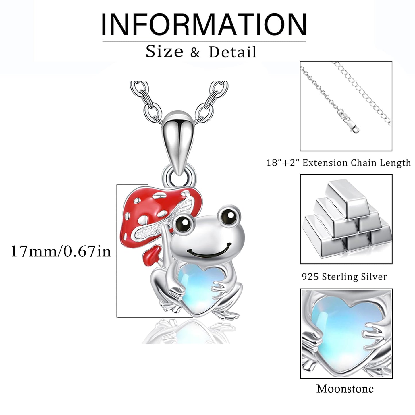Dreamboat Frog Mushroom Pendant Necklace for Women 925 Sterling Silver Moonstone Animal Jewelry Gifts for Frogs Lovers