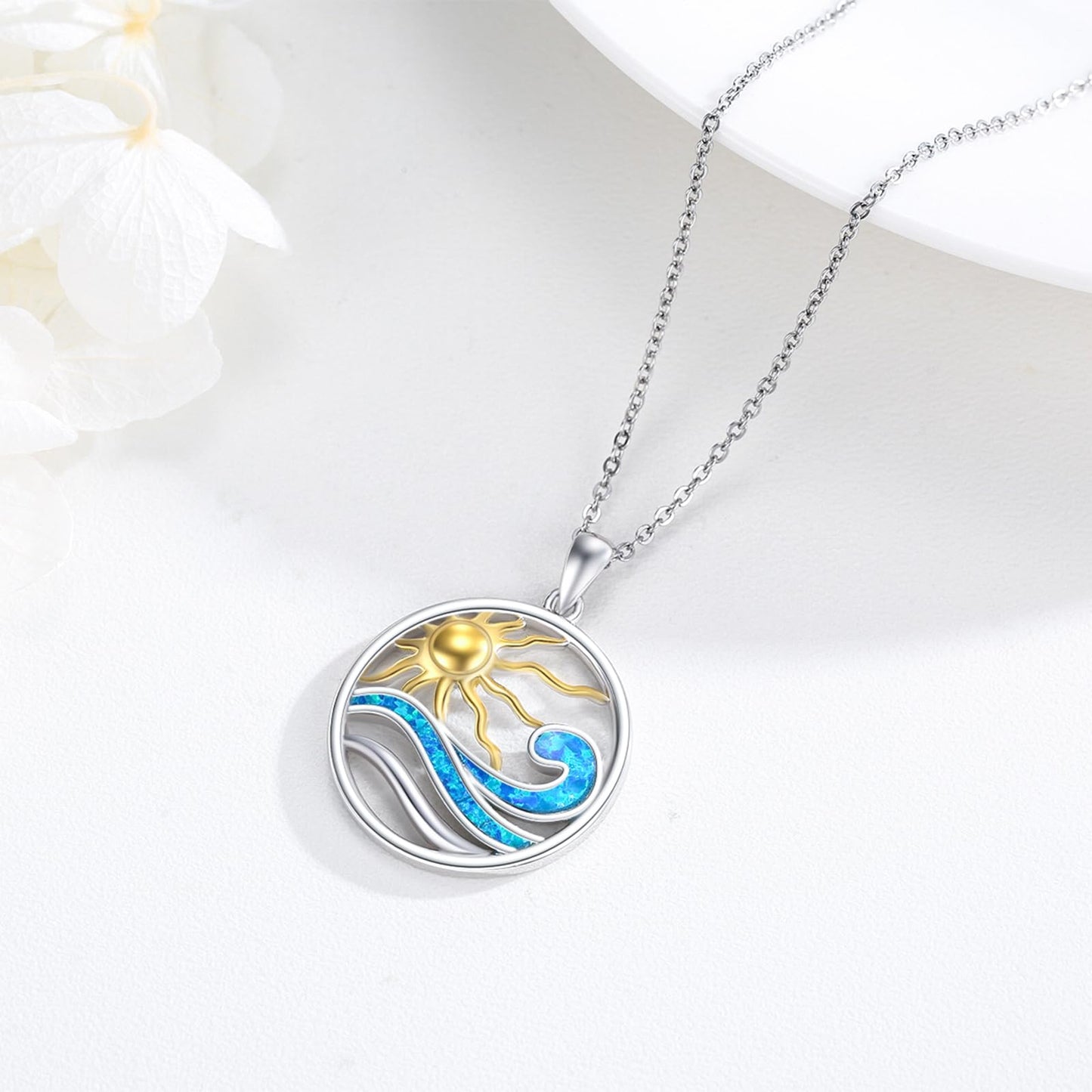 Midir&Etain Wave Necklace 925 Sterling Silver Sun Necklace Ocean Necklace Beach Sea Pendant Ocean Wave Jewelry for Women Men