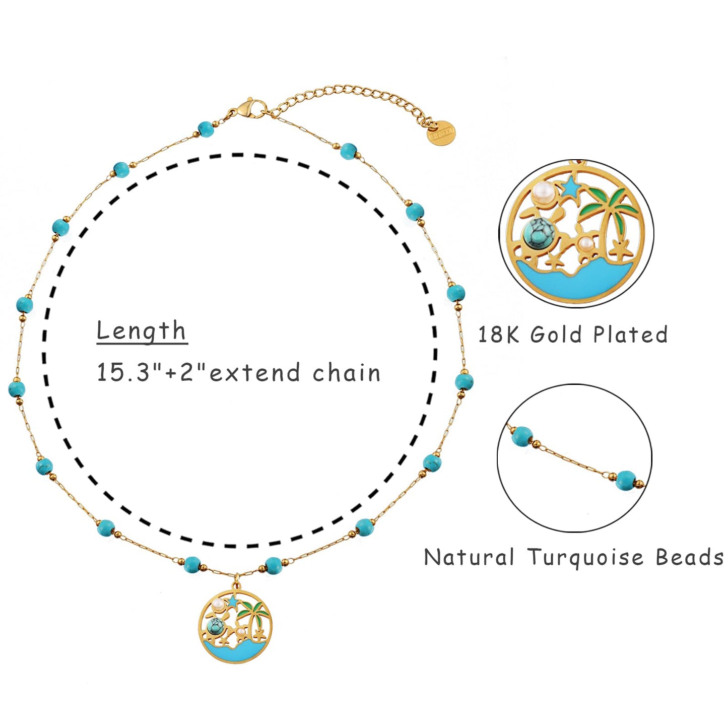 LCTrusttmor Gahna Turquoise Necklace for Women, 18K Gold Plated Sea Turtles Pendant with Adjustable Choker Boho Necklaces for Women, Summer Beach Jewelry Gifts
