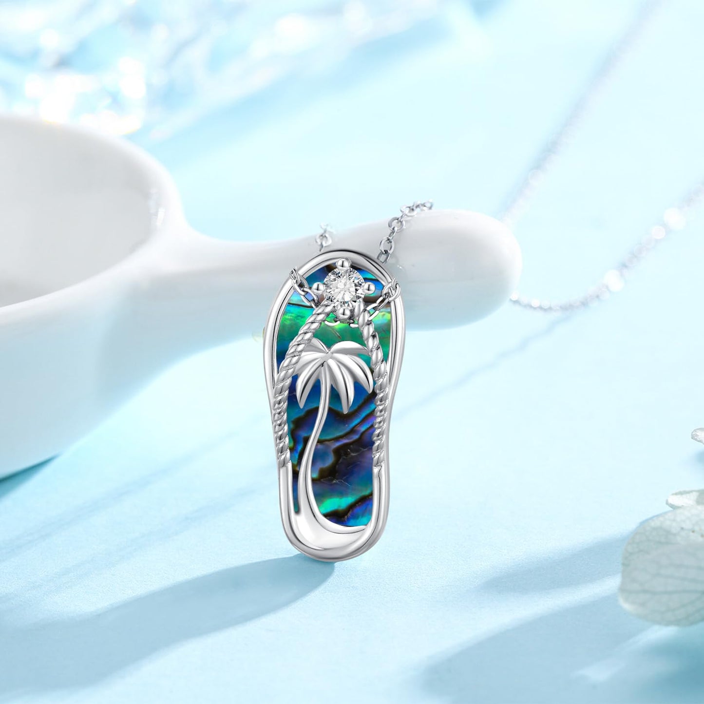Midir&Etain Summer Necklace 925 Sterling Silver Palm Tree Pendant Beach Abalone Necklace Flip-Flop Jewelry for Women