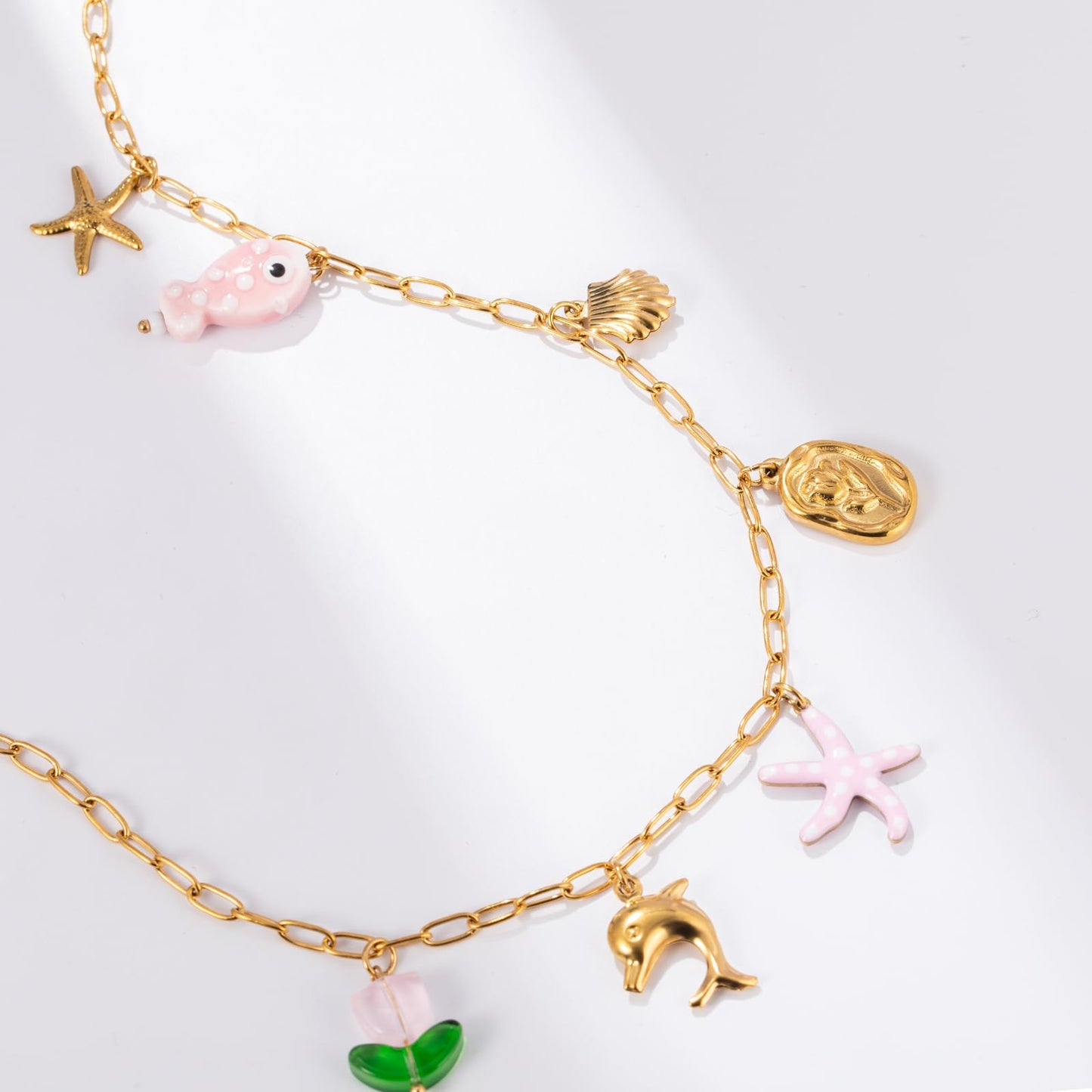 Chunky Gold Necklace Statement Boho Beach Ocean Summer Stainless Steel Jewelry Shell Starfish Turquoise Dolphin Pearl Sun Flower Wave Heart Fish Charm Choker Necklaces for Women(Flower)