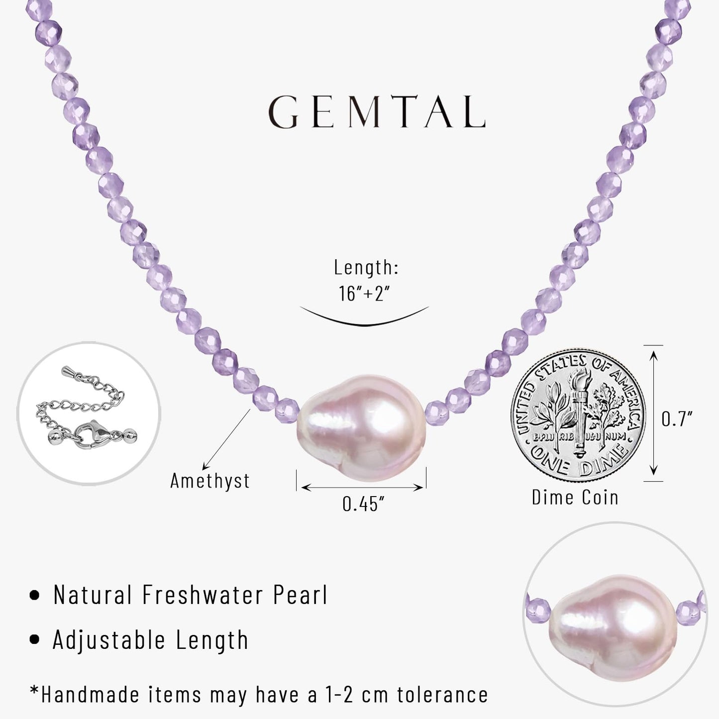 GEMTAL Single Pearl Pendant Necklaces for Women, Natural Gemstone Women Amethyst Beaded Choker Necklace, Dainty Freshwater Pearl Handmade Jewelry Gift Birthday Valentines Day Anniversary(Amethyst, 16")