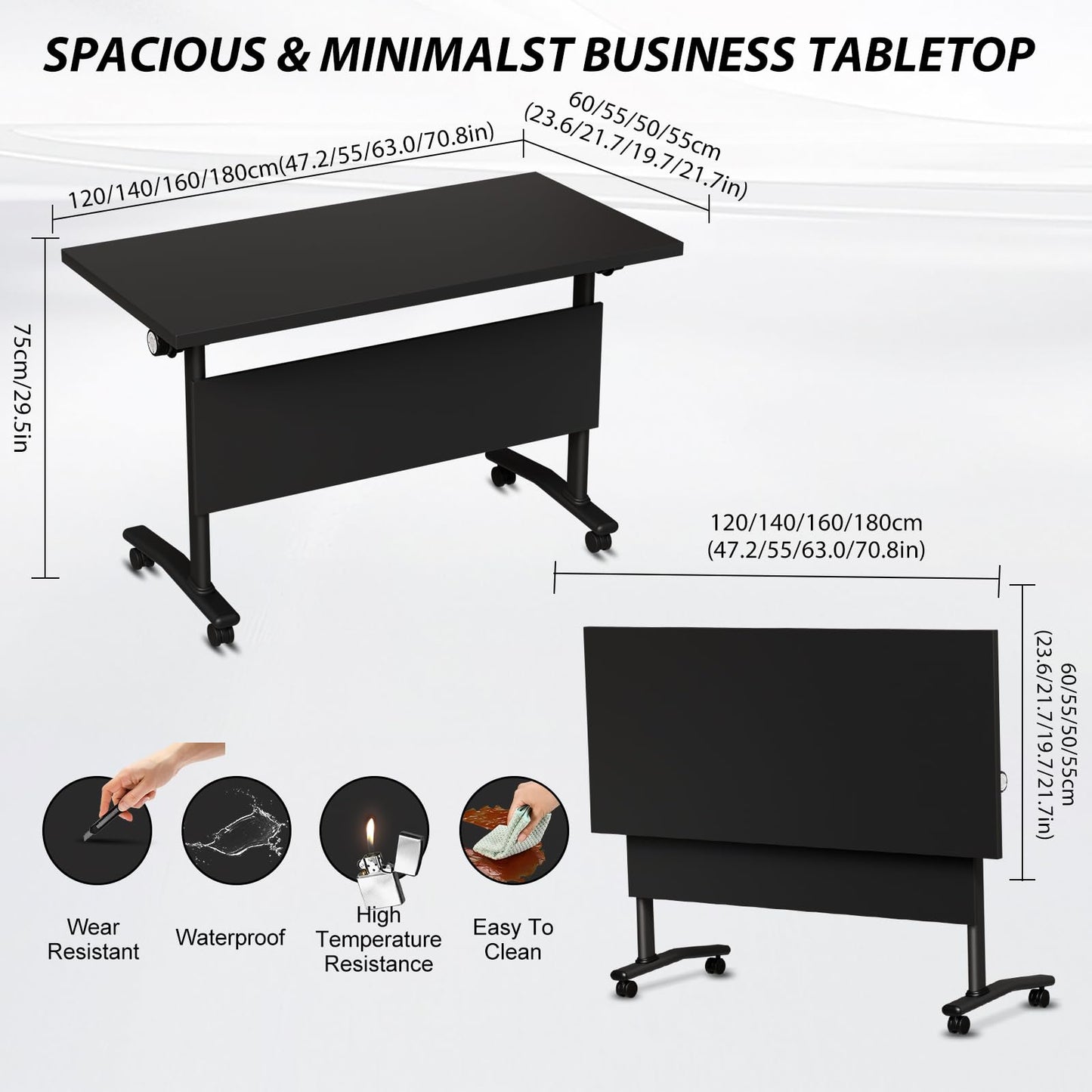 Conference Room Table with Wheels 6ft Folding Modular Large Black Conference Table Foldable Modern Rectangle Training Meeting Tables for Classroom Office(8, Black, D 55")