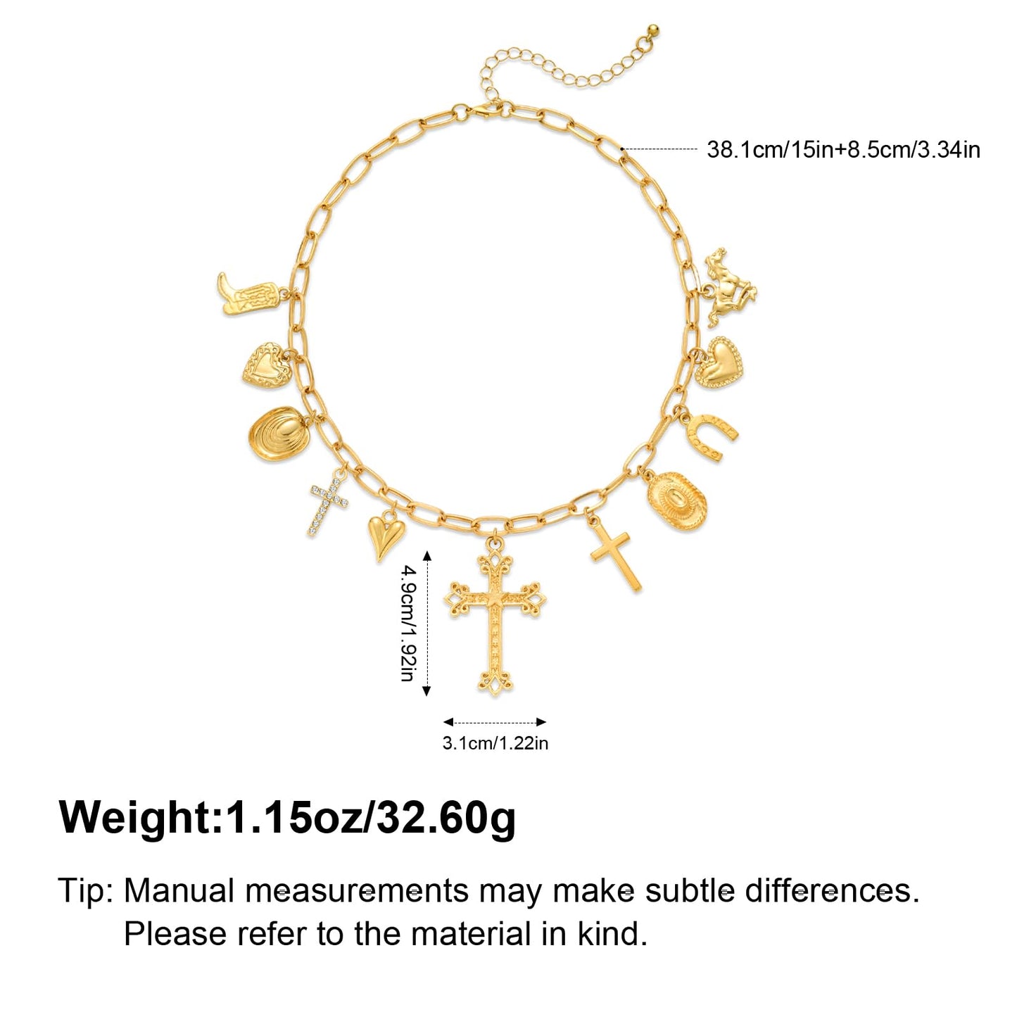 YUJIE Western Cowgirl Charm Necklace for Women Gold Plated Chunky Chain Cowboy Boot Cross Pendant Necklaces for Country Fashion Western Lovers