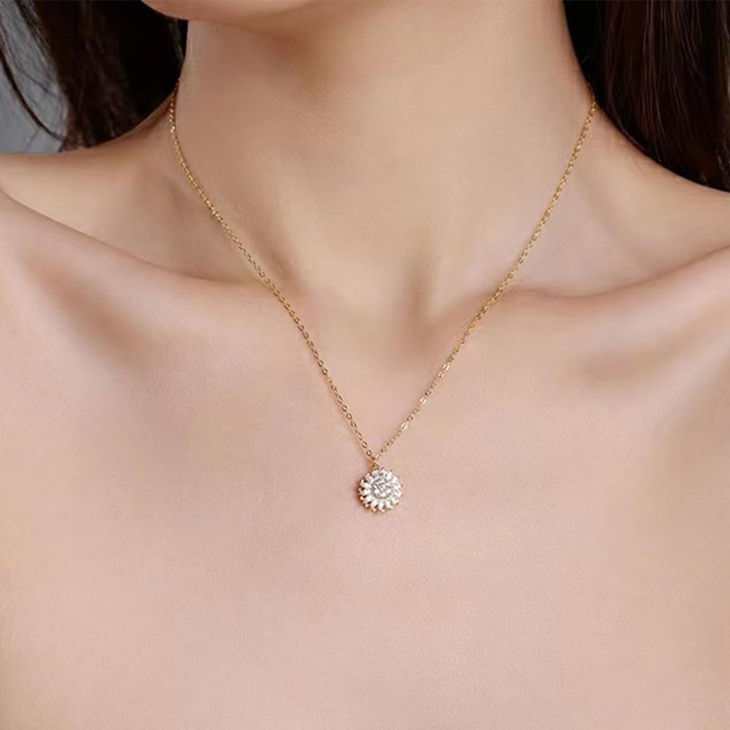 KONPJE Sunflower Fidget Necklace for Women Gold Moon Necklace Rotating Heart Necklaces Spinning Crystal Sunflower Anxiety Necklaces Crescent Moons Jewelry Accessories (Sun)