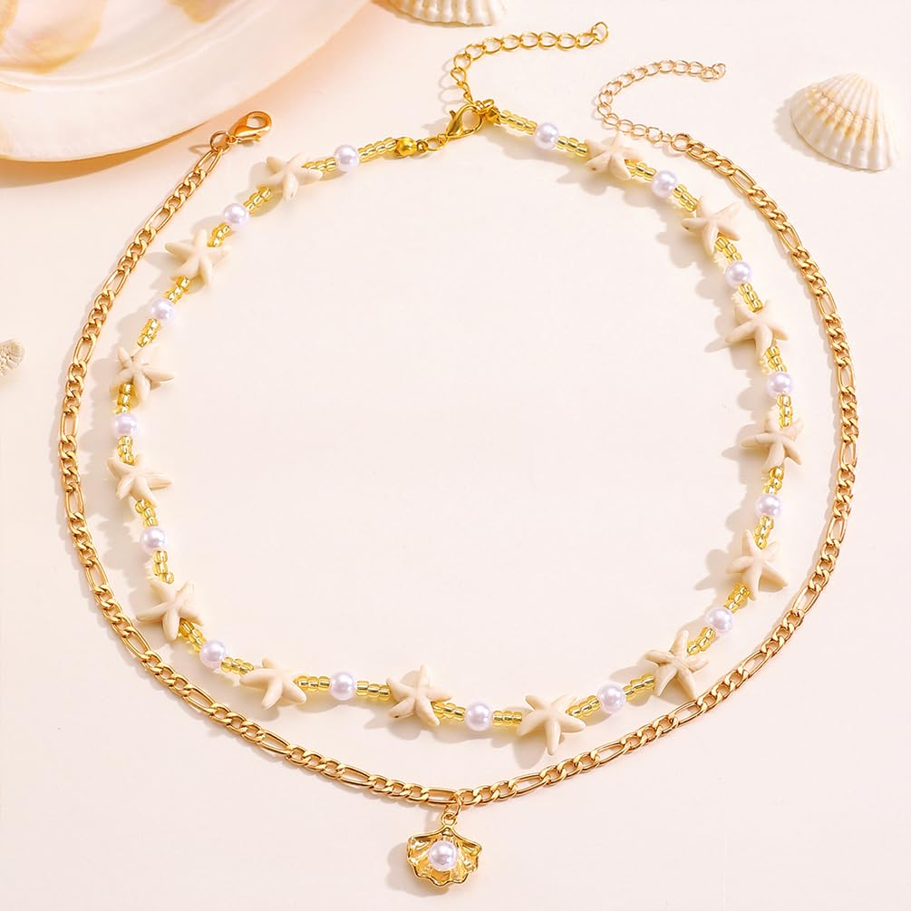 Dainty Starfish Pearl Beaded Choker Necklace, Layered Sea Shell Pearls Pendant Star Beads Necklaces for Women Chic Sweet Beach Coastal Party Jewelry Gift (Gold 2)