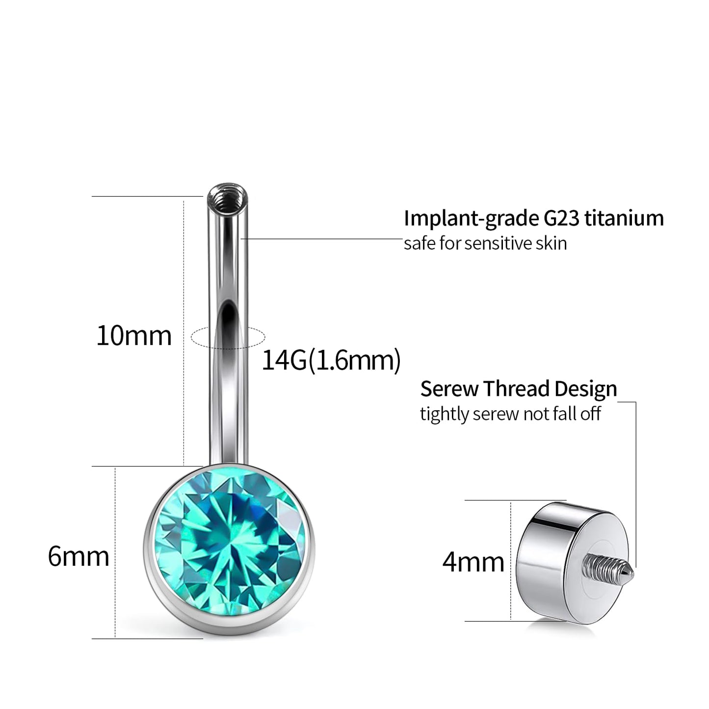 XUU Titanium Belly Button Rings, Black & Silver – 14G Internally Threaded Navel Piercing Jewelry, 10mm & 12mm Curved Barbells with 7 Colors Gems – Hypoallergenic (Silver-Ocean Blue cz, 10MM)