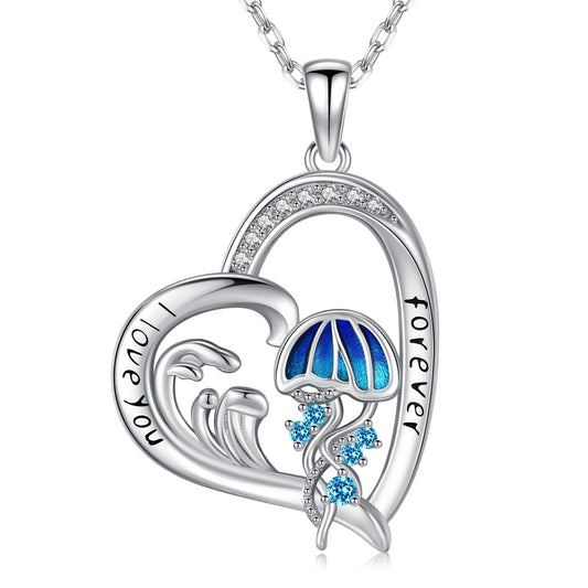 Twoowl Ocean Jellyfish Necklace 925 Sterling Silver Wave Pendant Necklaces Beach Jewelry Gifts for Women Girlfriends Mom Birthday