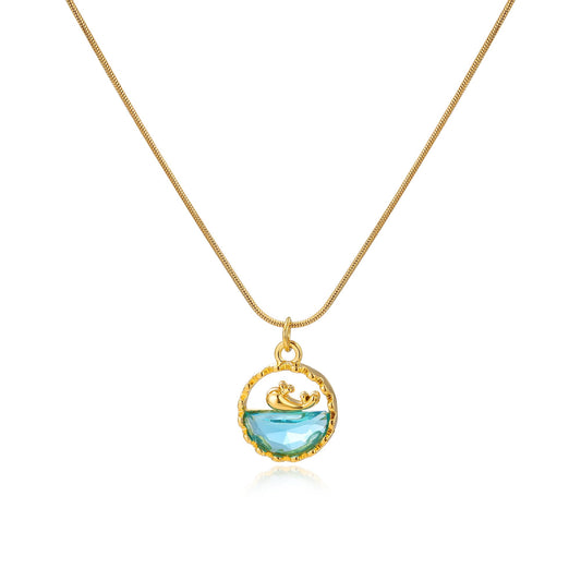 JGHIFLYE Ocean Whale Circle Pendant Necklace for Women, Gold Tone Stainless Steel Adjustable Lobster Clasp Blue Crystal Beach Jewelry