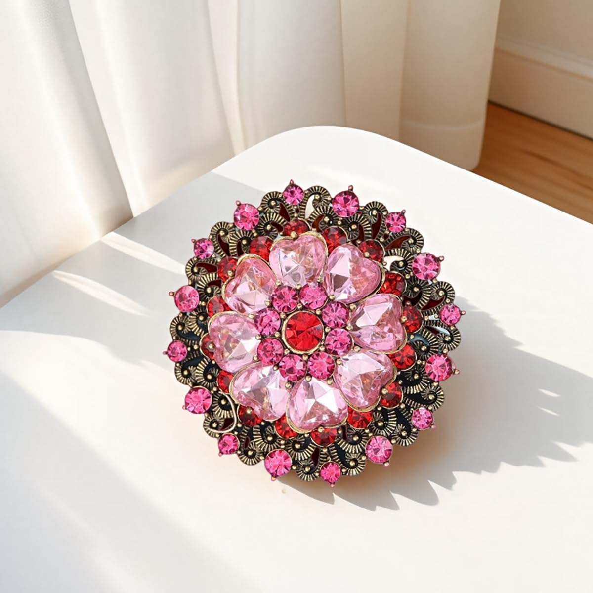 Rhinestone Crystal Flower Brooch Pin Sparkling Large Crystal Sunflower Brooch Vintage Floral Lapel Pins Rhinestone Flower Bouquet Broochs Rose Snowflake Broochs Wedding Bridal Dress Jewelry for Women (Pink)
