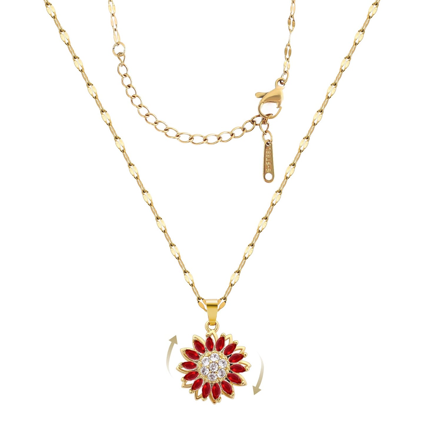 KONPJE Sunflower Fidget Necklace for Women Gold Moon Necklace Rotating Heart Necklaces Spinning Crystal Sunflower Anxiety Necklaces Crescent Moons Jewelry Accessories (Gold Red)