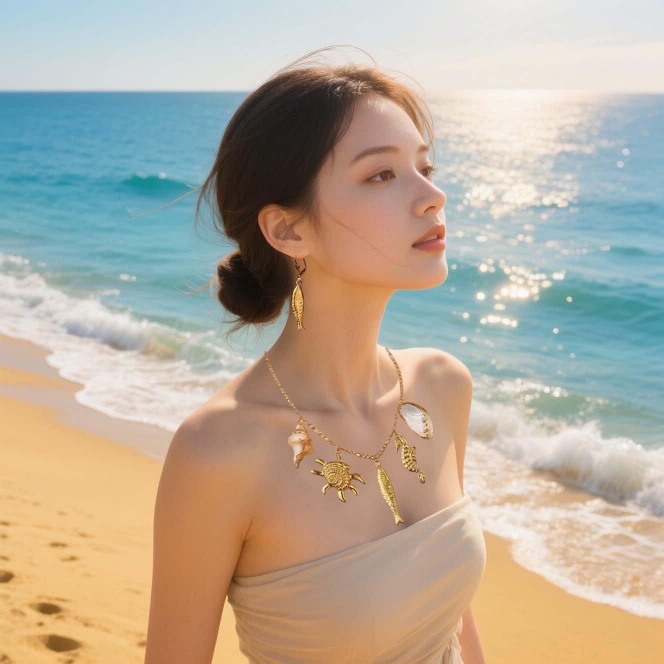BTTLVZC Summer Beach Charms Necklace for Women Gold Fish Conch Seahorse Shell Charms Choker Necklace Trendy Ocean Theme Vacation Jewelry Gifts(Style-A)