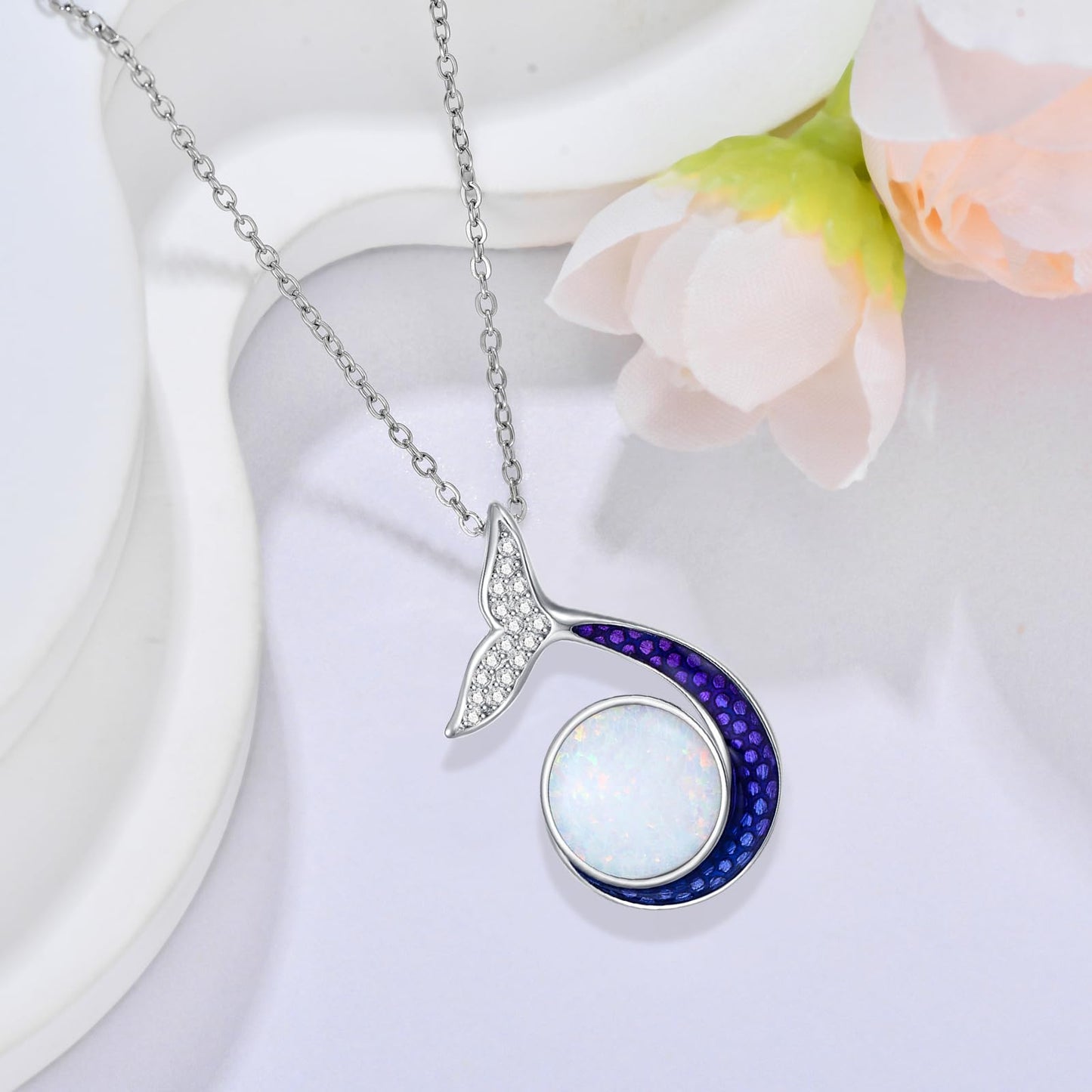 KoyeKei Mermaid Tail Necklace for Women 925 Sterling Silver Mermaid Necklace with Opal Beach Sea Pendant Ocean Themed Jewelry Mothers Day Graduation Gifts for Mom Sister Wife