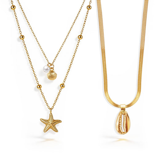 Qoncosy 2 Pcs starfish necklace, layered gold tone chain seashell pendant, beach vacation coastal accessories, gold color party daily wear women