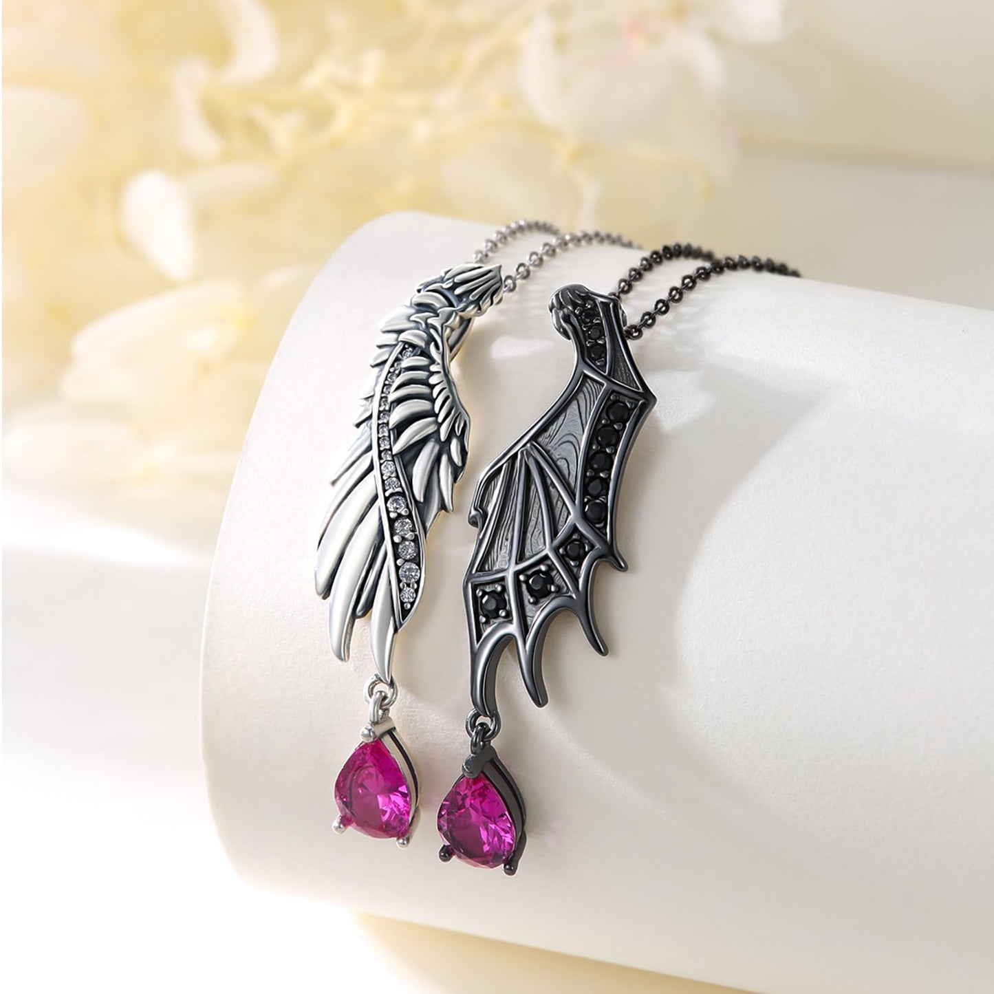 OHAYOO Angel Wings Couples Necklace, 925 Sterling Silver Gothic Angel and Devil Wing Necklace, Couple Jewelry Gift for Him and Her