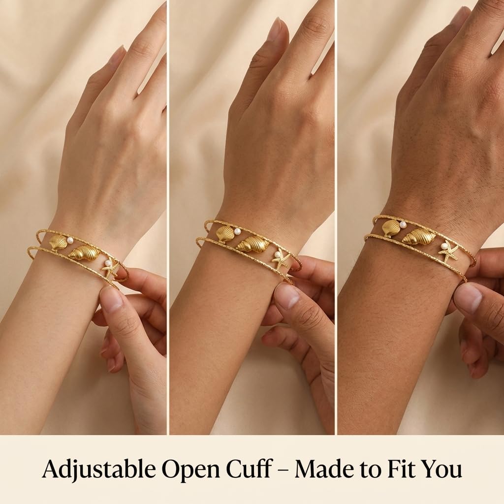 MystiGlimmer Starfish Bracelet with Luxury Gift Box 18K Gold Plated Stainless Steel, Adjustable Open Cuff, Waterproof & Hypoallergenic Jewelry Gift for Women (Seashell-Starfish1)