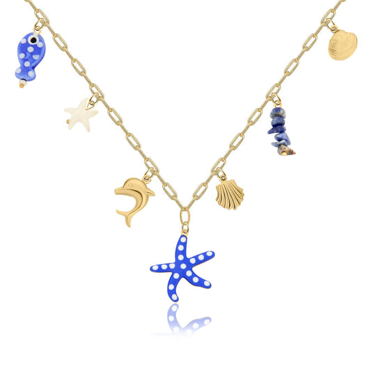 Chunky Gold Necklace Statement Boho Beach Ocean Summer Stainless Steel Jewelry Shell Starfish Turquoise Dolphin Pearl Sun Flower Wave Heart Fish Charm Choker Necklaces for Women(Blue Starfish)