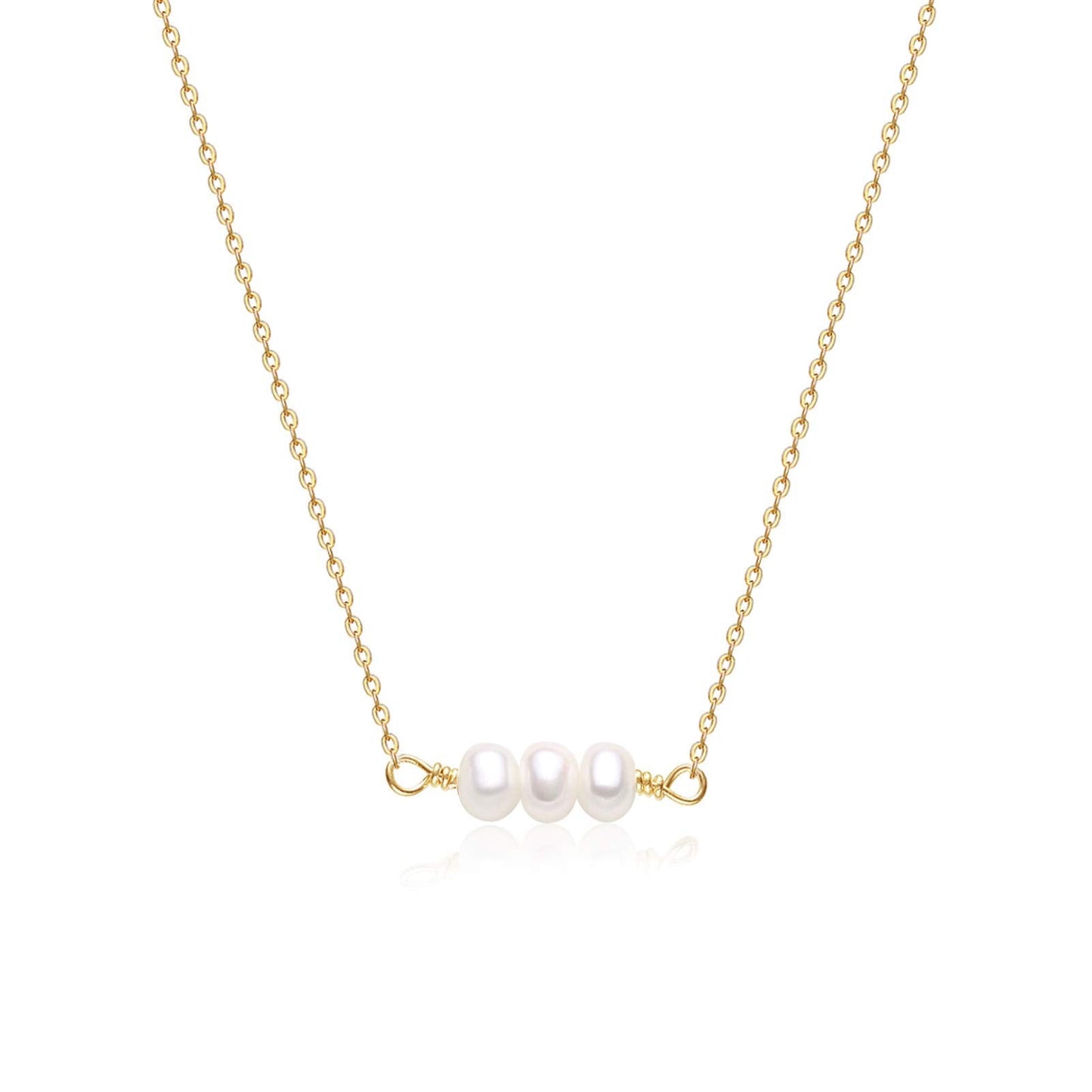 14K Gold Plated 3 Tiny Pearl Necklace for Women, Dainty Minimalist Pearl Choker, 14"+2" Adjustable Extension Chain, Delicate Layering Jewelry for Daily Wear & Gift