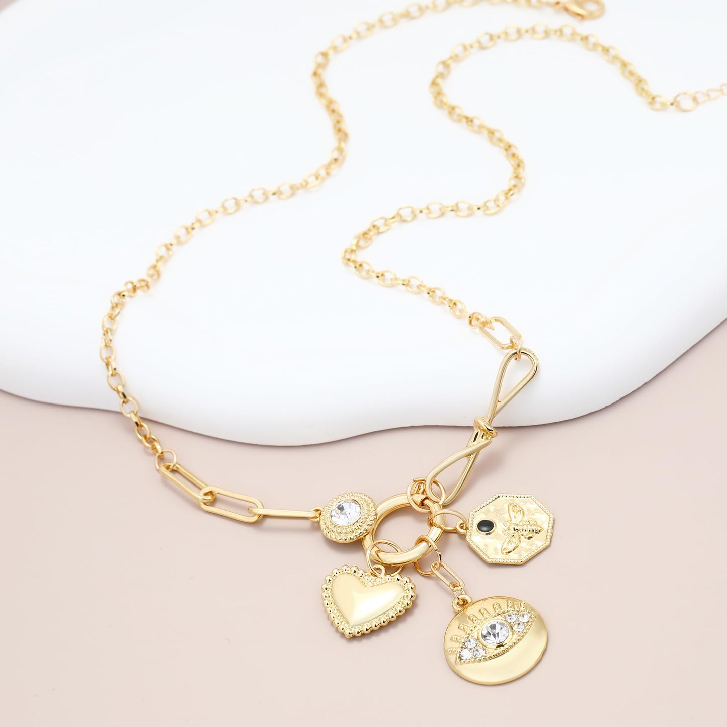 BONJOULRY Evil Eye Heart Coin Charm Necklace for Women Dainty Gold Plated Rhinestone Bowknot Pendant Protection Necklace Paperclip Chain Charms Necklaces Trendy Jewelry Bee Coin