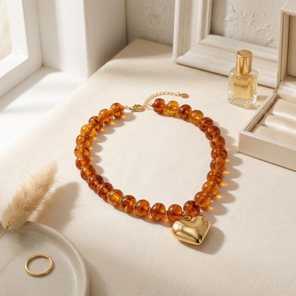 Frigotine Tortoiseshell Chunky Heart Necklace for Women, Brown Amber Resin Beaded Choker with Gold Puffy Heart, Trendy Acrylic Statement Jewelry Gift