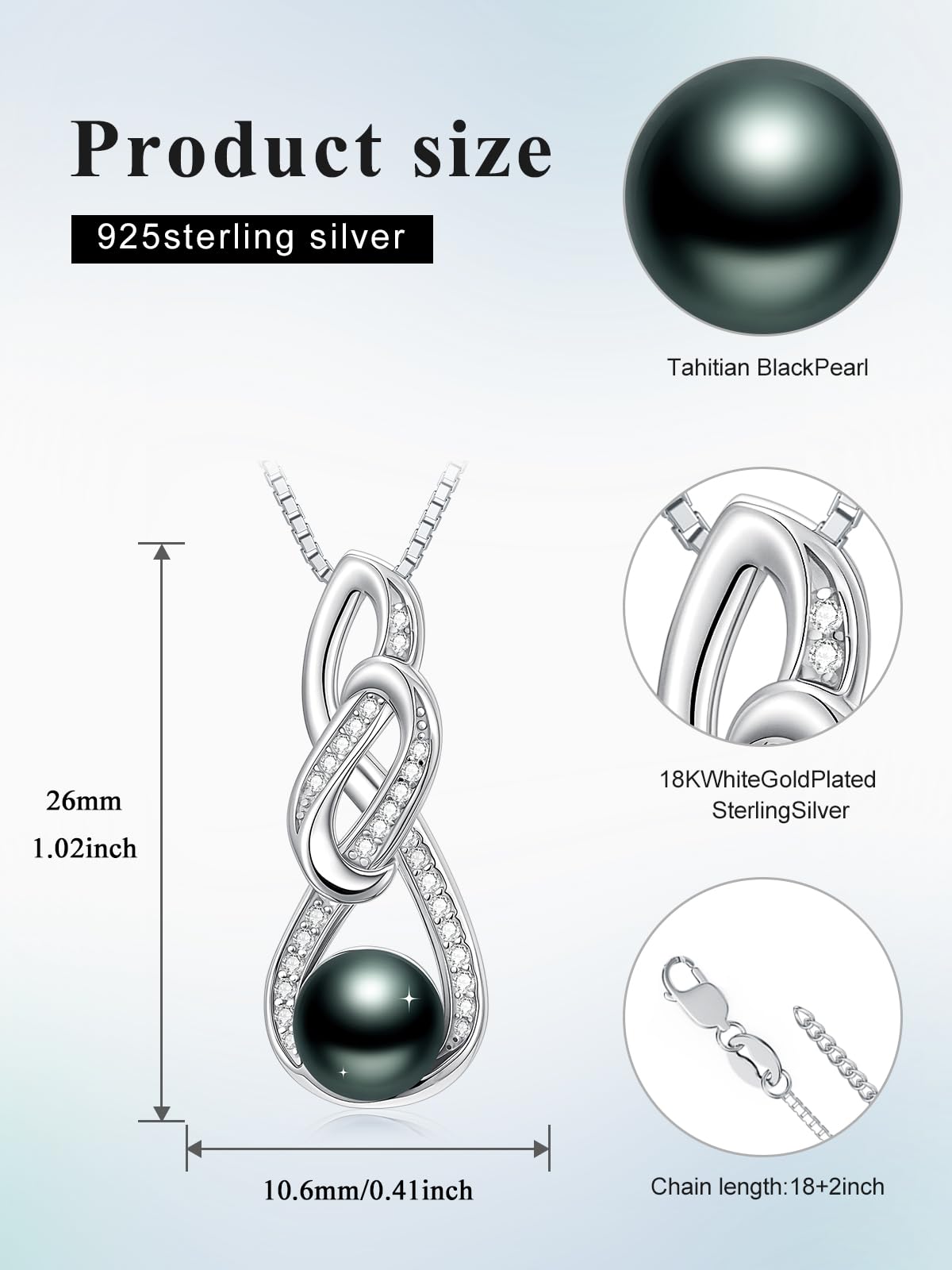 KANNSOAR 8MM Tahitian Black Pearl Necklace for Women 18K Gold Plating Sterling Silver Knot Pendant Pearl Jewelry Birthday Anniversary Valentines Day Christmas Mothers Day Gift for Wife Mom Girlfriend