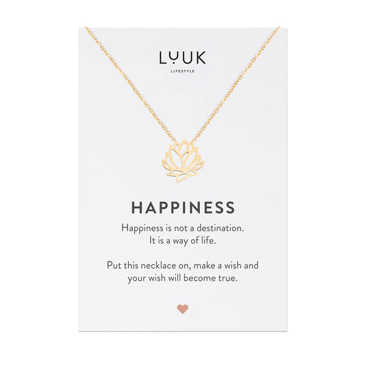LUUK LIFESTYLE Stainless steel necklace for women with Lotus flower pendant and HAPPINESS gift card, chic and classy style, trendy layer look, Asian lucky charm, minimalist fashion accessory, gold