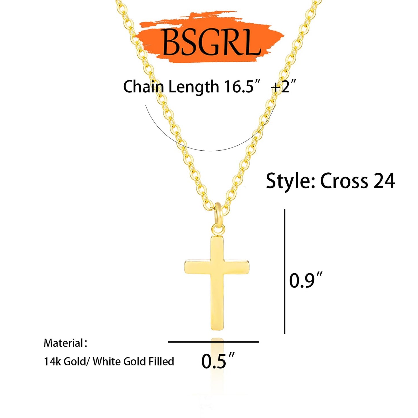 BSGRL Gold Necklace for Women- 14K Gold Plated Dainty Cross Necklace Polished 16.5"+2"