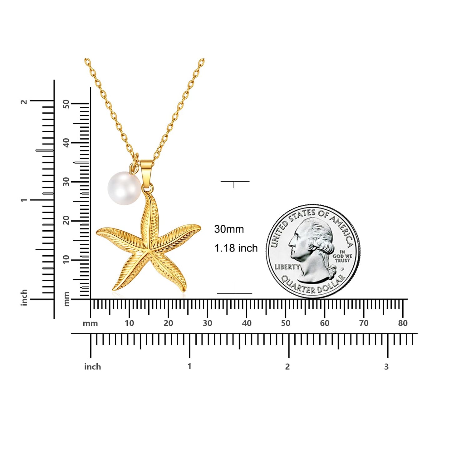 Gold Plated Coastal Starfish and Pearl Necklace for Women,Hypoallergenic Ocean Theme Beach Jewelry