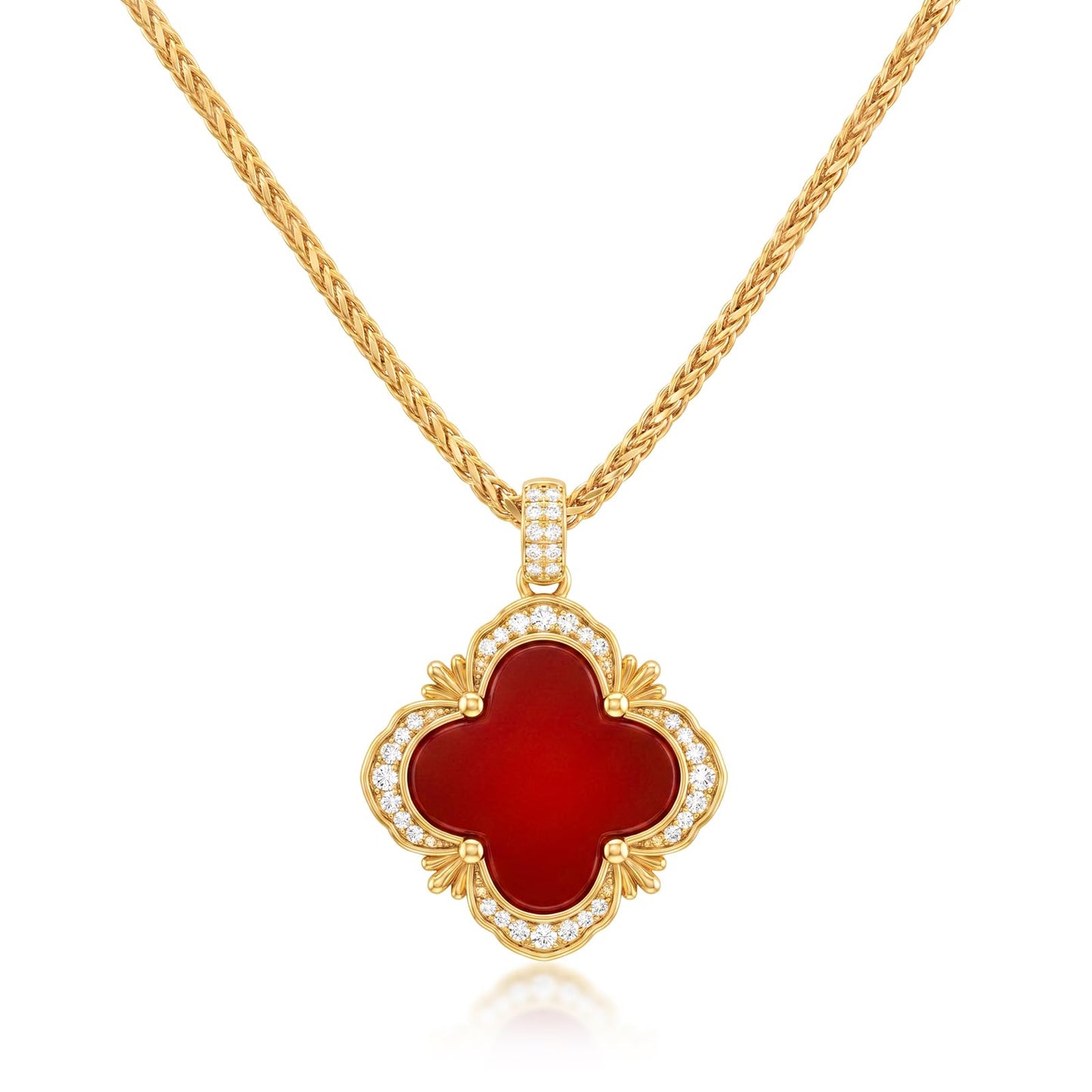 Tessalyn Four Leaf Clover Necklace for Women Gold Plated Lucky Red Agate Pendant with Sparkling Zirconia Elegant Jewelry for Daily Wear and Parties Gift Box Included