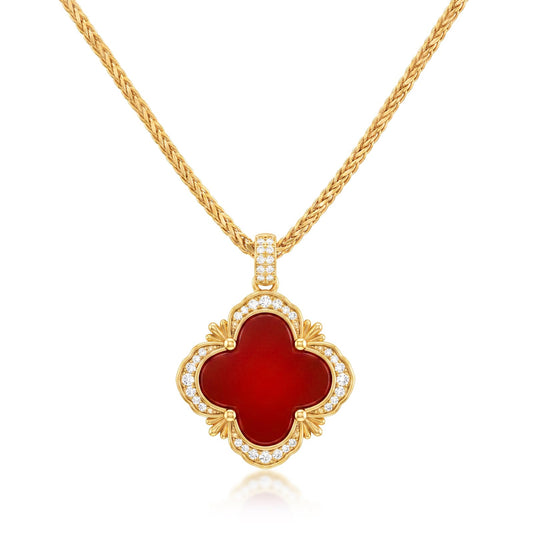 Tessalyn Four Leaf Clover Necklace for Women Gold Plated Lucky Red Agate Pendant with Sparkling Zirconia Elegant Jewelry for Daily Wear and Parties Gift Box Included