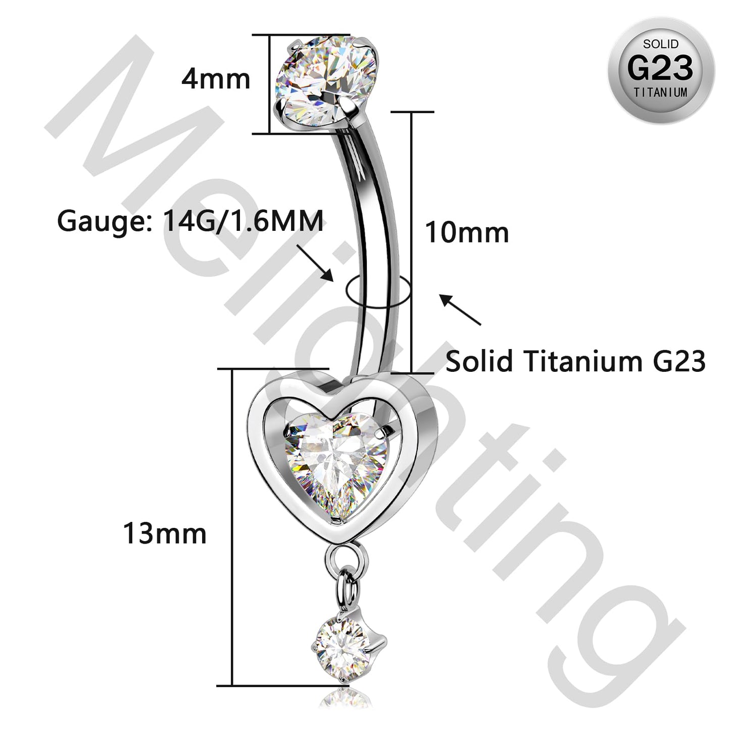 Melighting Heart Titanium Belly Button Ring Internally Threaded 14G Dangle Belly Ring Belly Piercing Jewelry Titanium G23 Naval Ring Clear Cz 10mm Body Piercing Jewelry