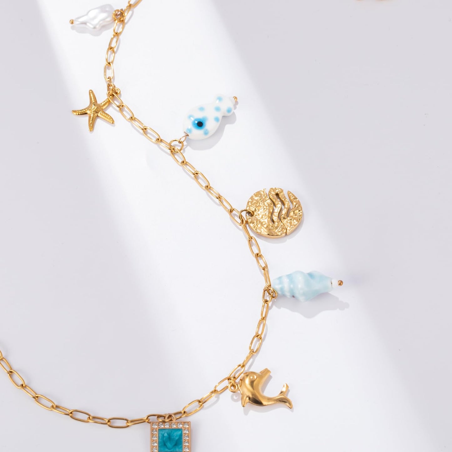 Chunky Gold Necklace Statement Boho Beach Ocean Summer Stainless Steel Jewelry Shell Starfish Turquoise Dolphin Pearl Sun Flower Wave Heart Fish Charm Choker Necklaces for Women(Wave)