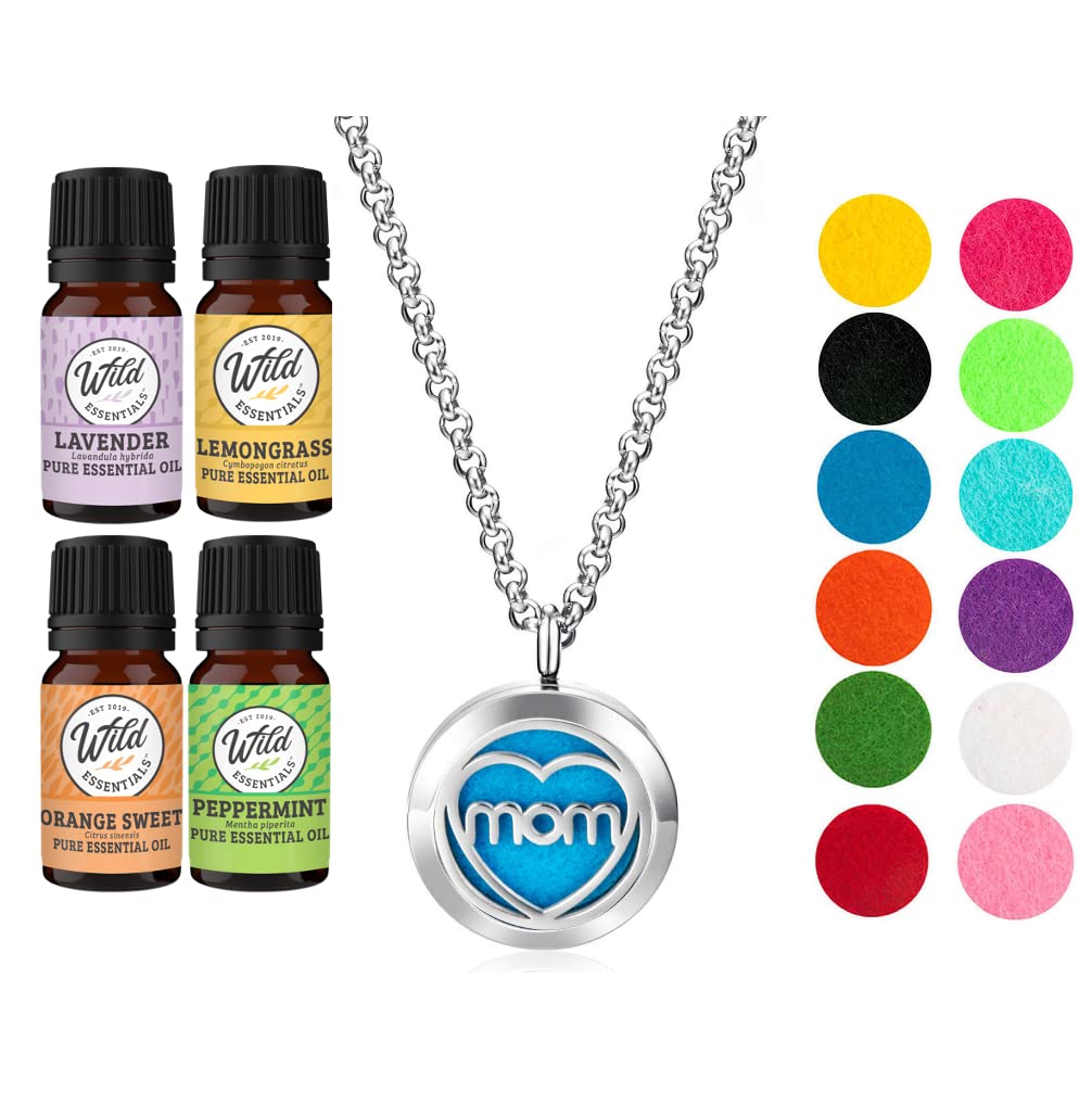 Wild Essentials MOM Aromatherapy Necklace Diffuser Includes 4 Pure Essential Oils, Lavender, Lemongrass, Orange, Peppermint - Stainless Steel Chain/Pendant, 12 Pads, Gift Set