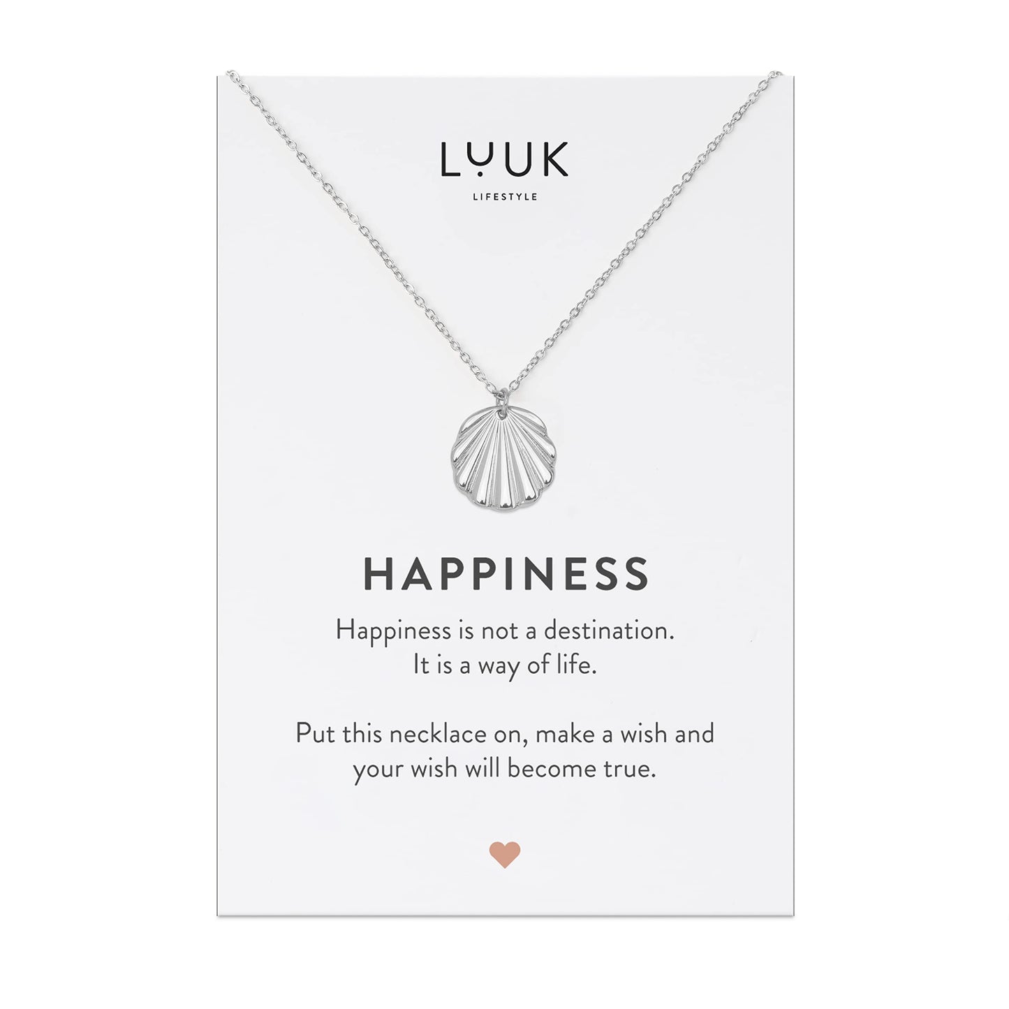 LUUK LIFESTYLE Necklace for women with shell pendant, stainless steel and HAPPINESS gift card, for everyday wear and holidays, classy and trendy summer jewelry, sea and beach motif, silver