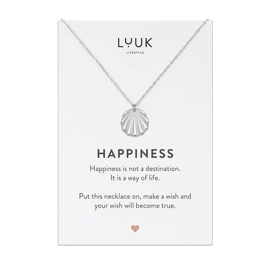 LUUK LIFESTYLE Necklace for women with shell pendant, stainless steel and HAPPINESS gift card, for everyday wear and holidays, classy and trendy summer jewelry, sea and beach motif, silver