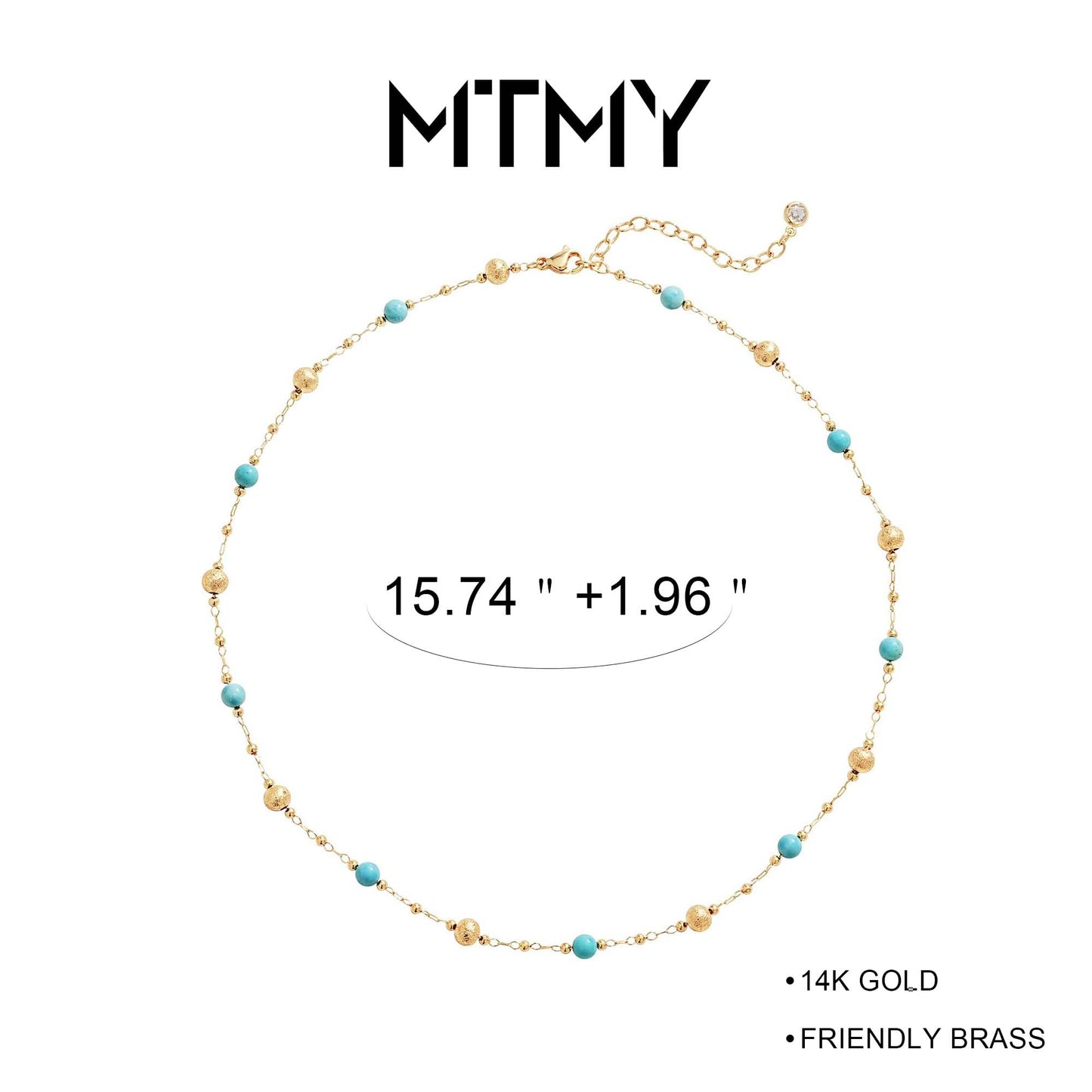 MTMY Beaded Necklaces for Women 14K Gold Plated Dainty Colorful Green/Rose Beaded Pearl Choker Necklace Delicate Boho Choker Necklace Jewelry Gift (turquoise ball)