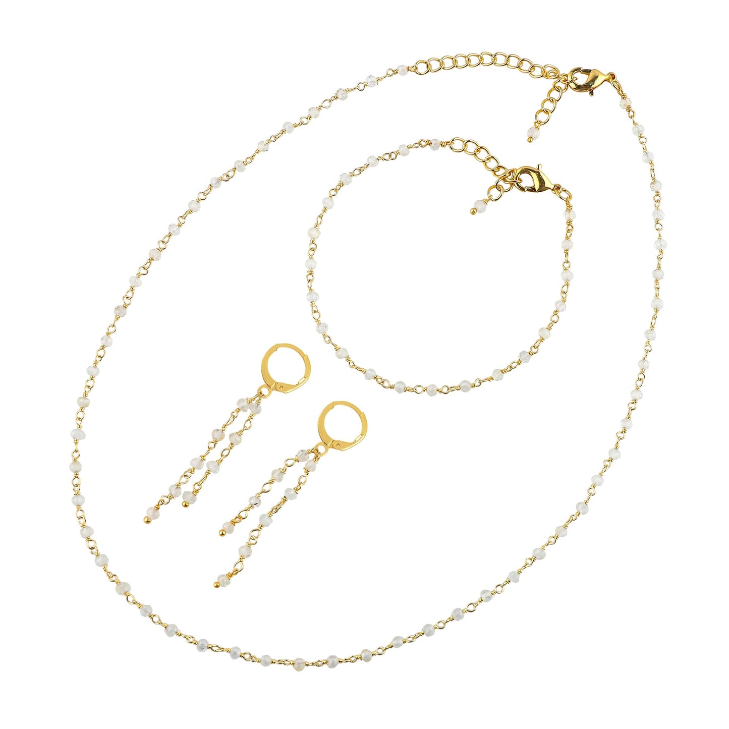 CRYSTALINES (3pcs) Natural White Topaz Gemstone Cluster Jewelry Combo Set, 14K Gold Plated, Crystals Beads Rosary Chain, Handmade Bohemian Jewelry - Bracelets, Necklace, Earrings for Women