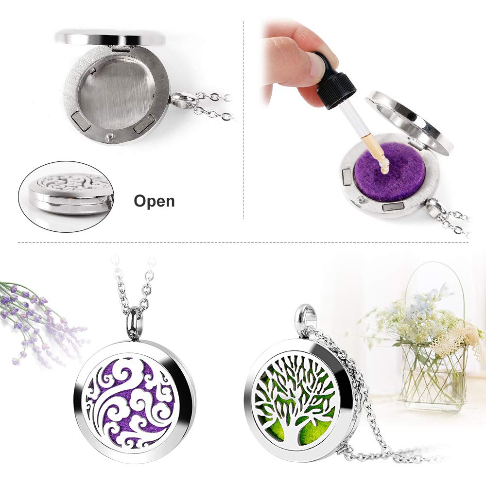 RoyAroma 2PCS Aromatherapy Essential Oil Diffuser Necklace Two Patterns Pendant Locket Jewelry,23.6" Adjustable Chain Stainless Steel Perfume Necklace Gift for Mother's Day
