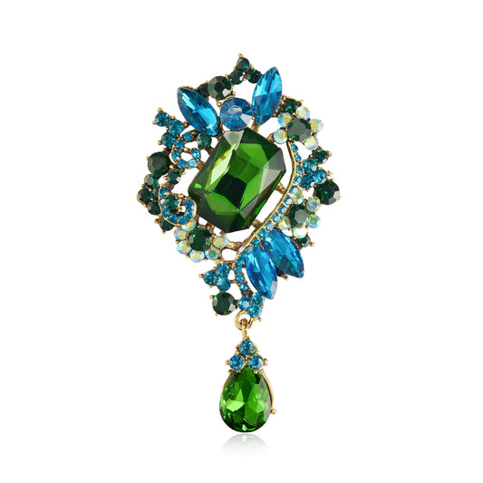 YOQUCOL Retro Green Austrian Crystal Big Brooch Pin for Women Large Flower Water Drop Shape Brooches Lapel Pins for Sweater,Coat Dress Accessories -106