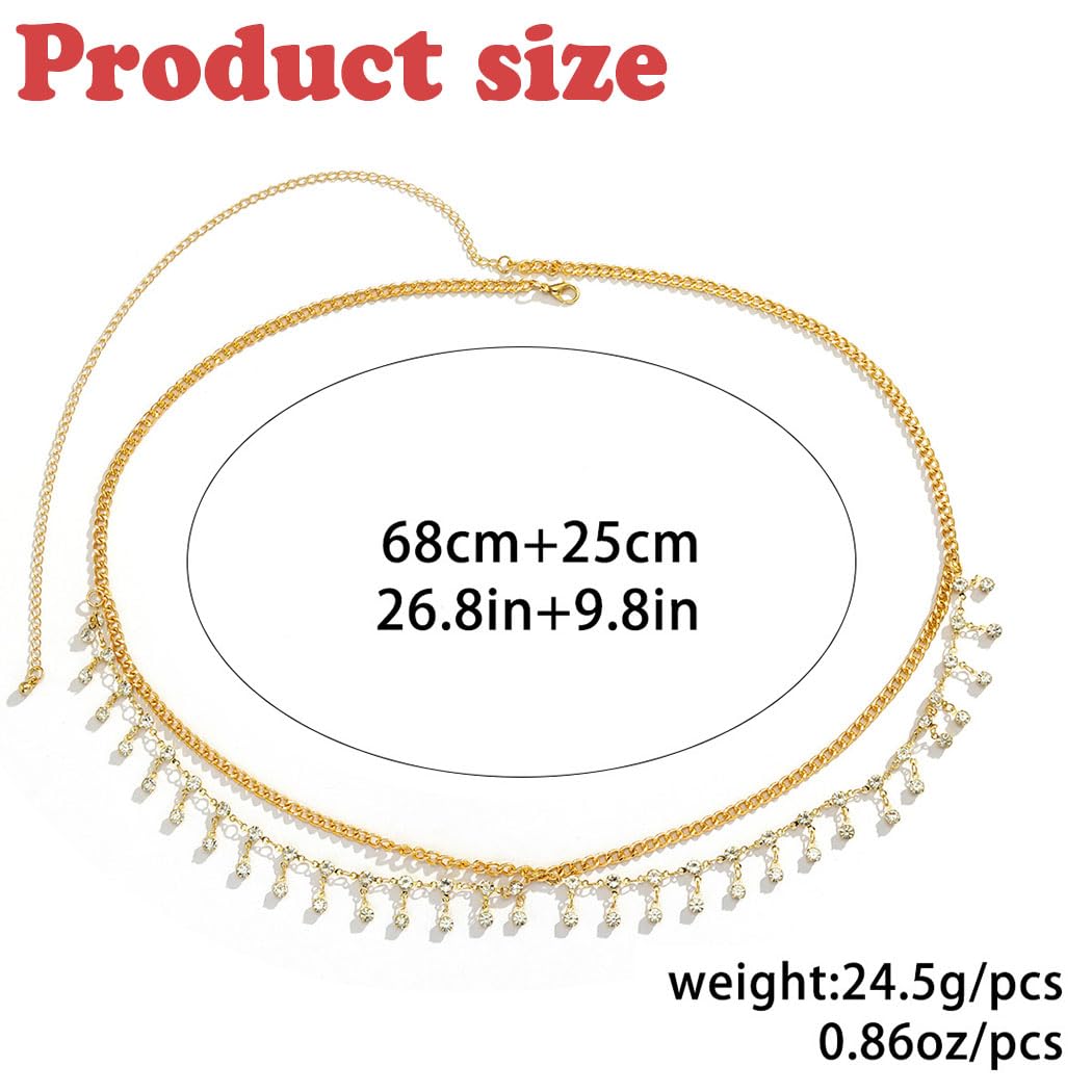 Florry Rhinestone Belly Chain Crystal Waist Chain Bikini Body Jewelry Chains Beach Belly Chain for the Waist Tassel Layered 18K Gold Body Chains for Women (Crystal)