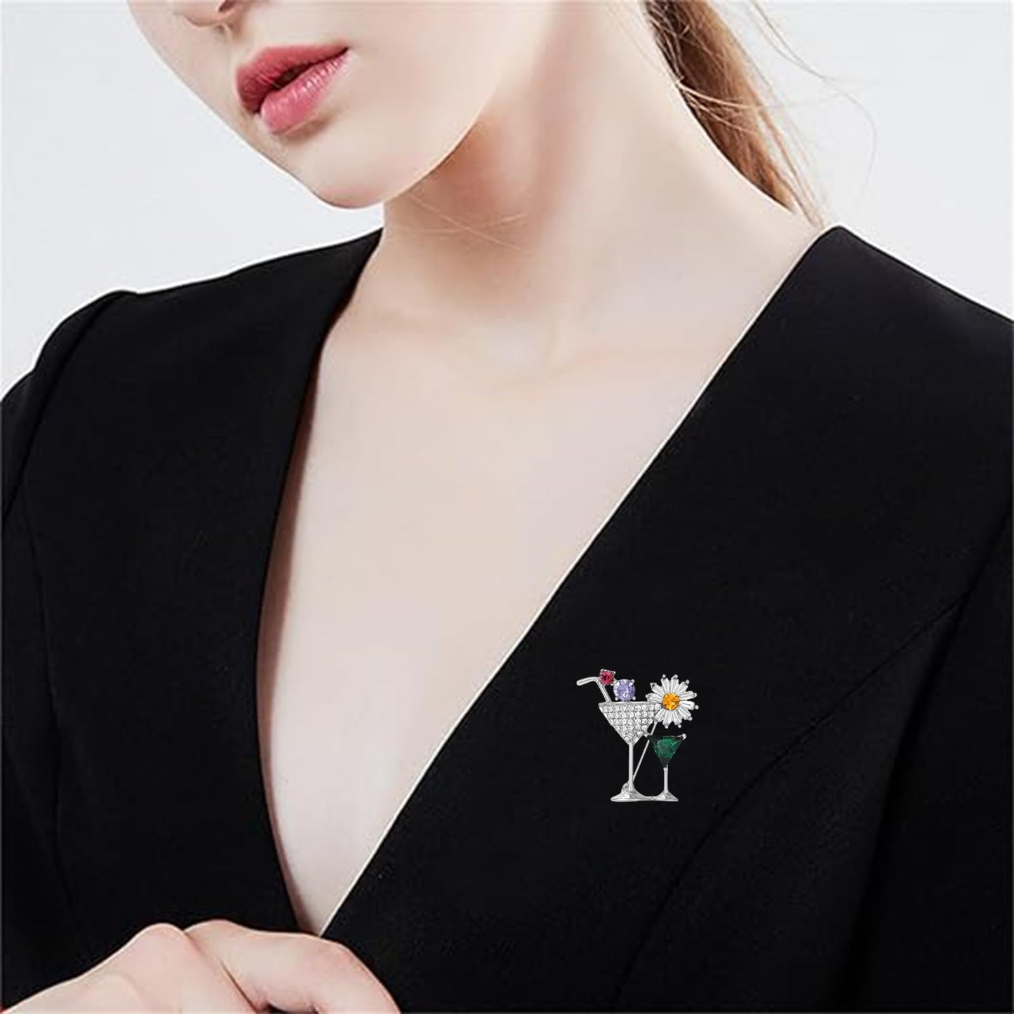 DEYOUM Cocktail Wine Glass Brooch Pin for Women Trendy Cute Cocktail Wines Glass Wine Bottle Brooch Pin Party Hat Bag Suit Charm Jewelry Gift Accessories (silver)