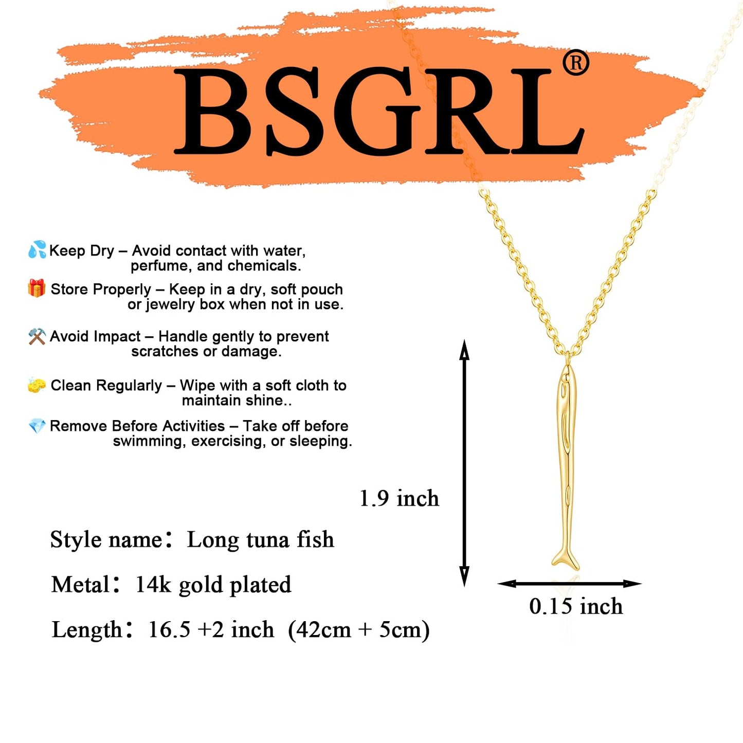 BSGRL Dainty Gold Necklace - 14K Gold-plated Long Thin Sardine Fish Beach Ocean Necklace for Women Brush Finished 16.5"+2"